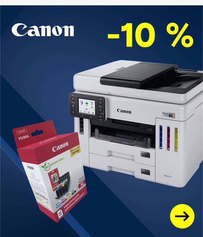 Canon-Werbebanner mit 10 % Rabatt auf einen Multifunktionsdrucker und eine Packung PIXMA-Tintenpatronen.