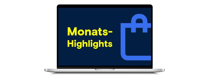 Laptop zeigt "Monats-Highlights" in Gelb und eine blaue Einkaufstasche auf Dunkelblau.