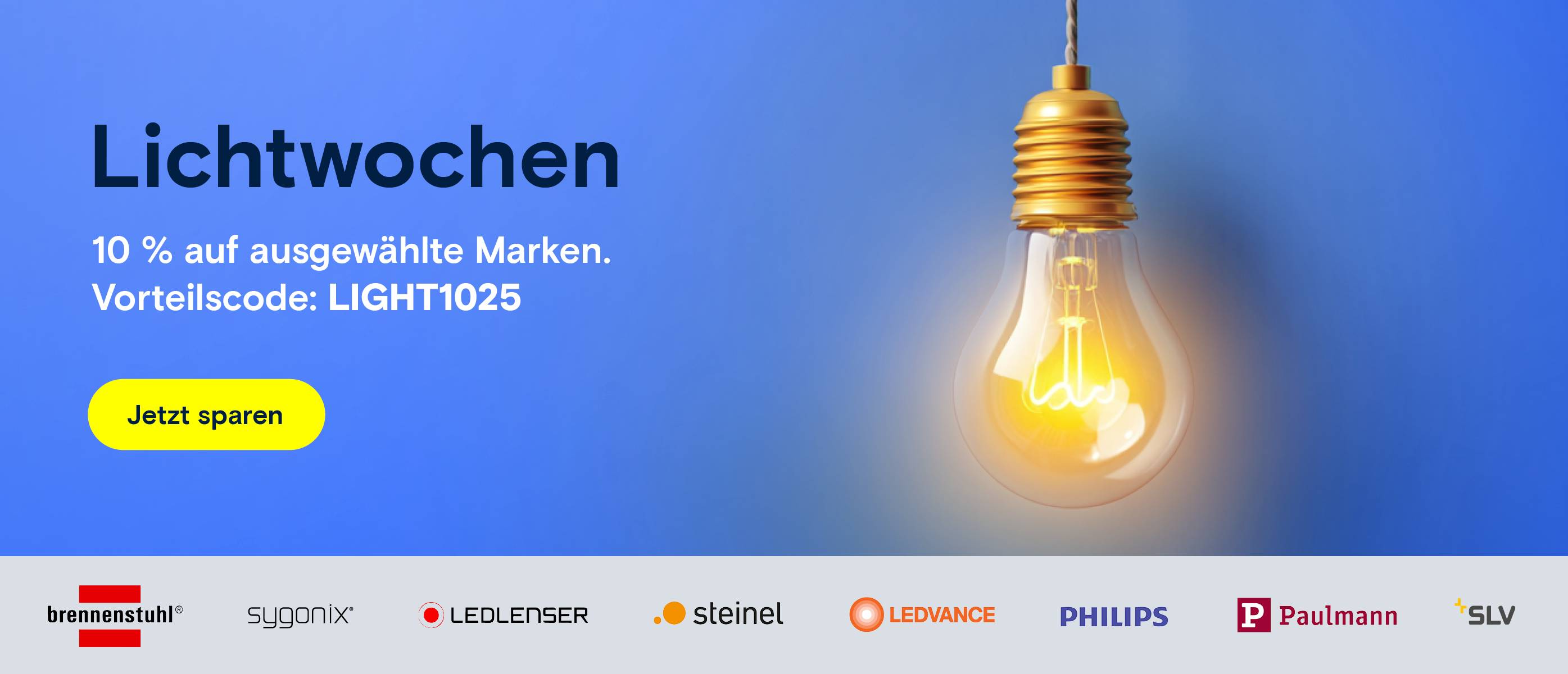 Glühbirne leuchtet. Text: "Lichtwochen. 10% Rabatt auf Marken."