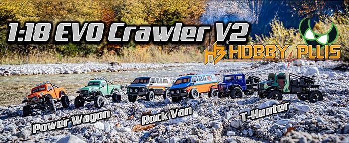 Sechs verschiedene Modelle des ferngesteuerten Autos "Hobby Plus EVO Crawler V2", die auf dem felsigen Ufer eines Flusses aufgereiht sind.