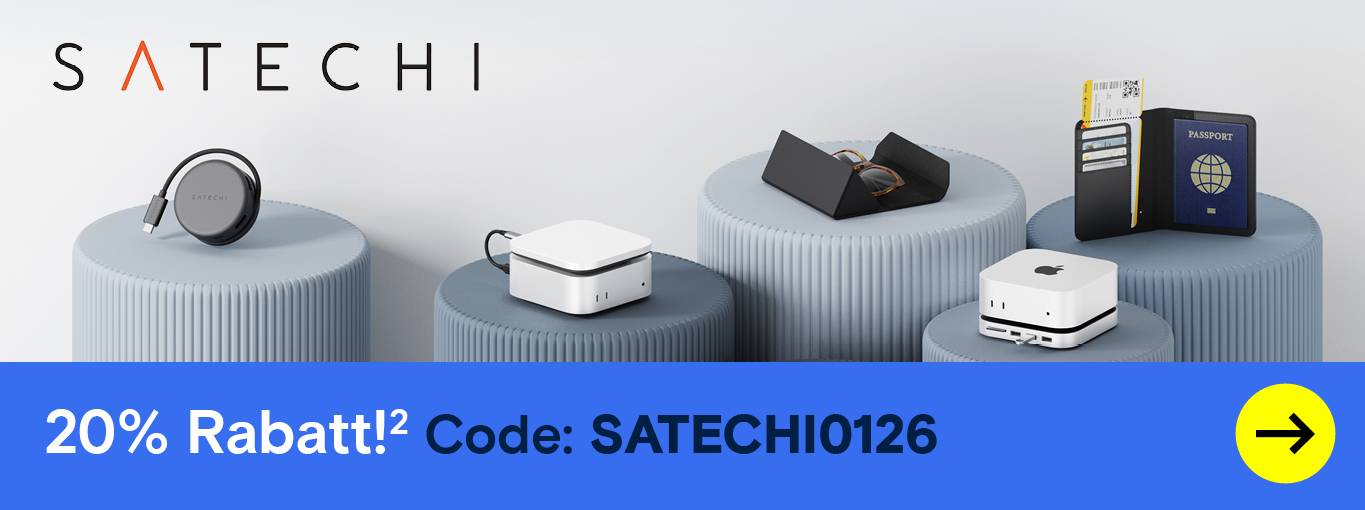 Satechi-Zubehör auf Podesten. Text: 20% Rabatt Code.