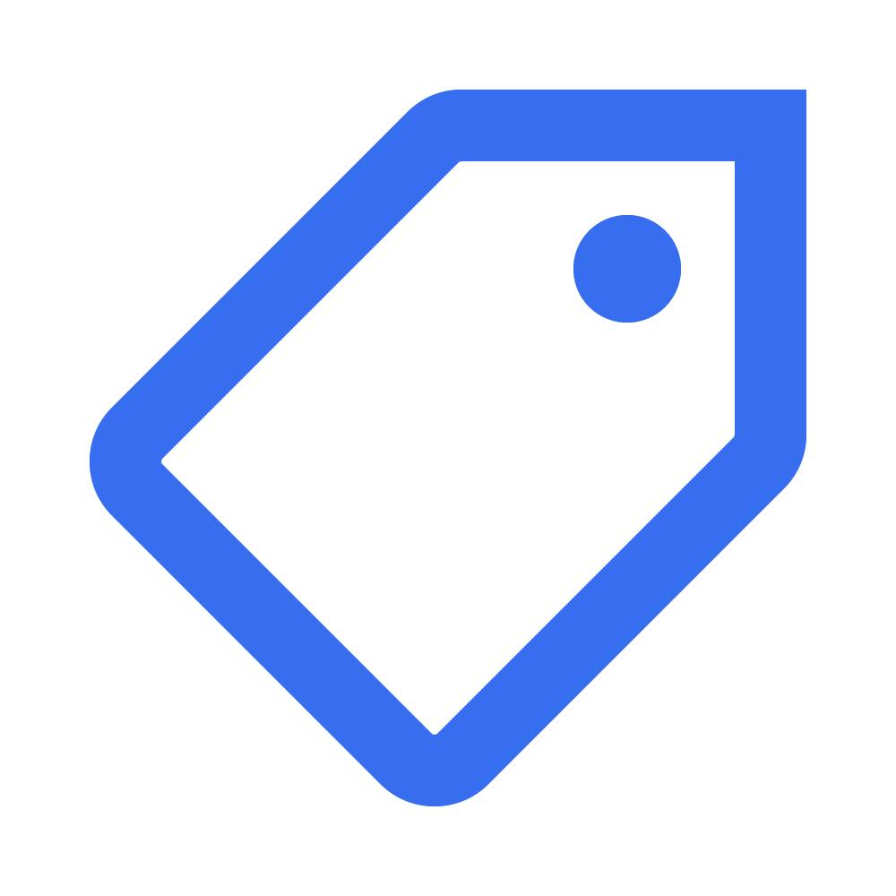 Blaues Symbol in Form eines Preisschildes mit einem Loch oben rechts.