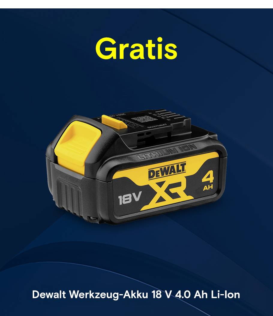 Werbegrafik mit „–10 % + Gratis“ neben einem DeWalt 18-V XR Lithium-Ionen Akku mit 4 Ah.