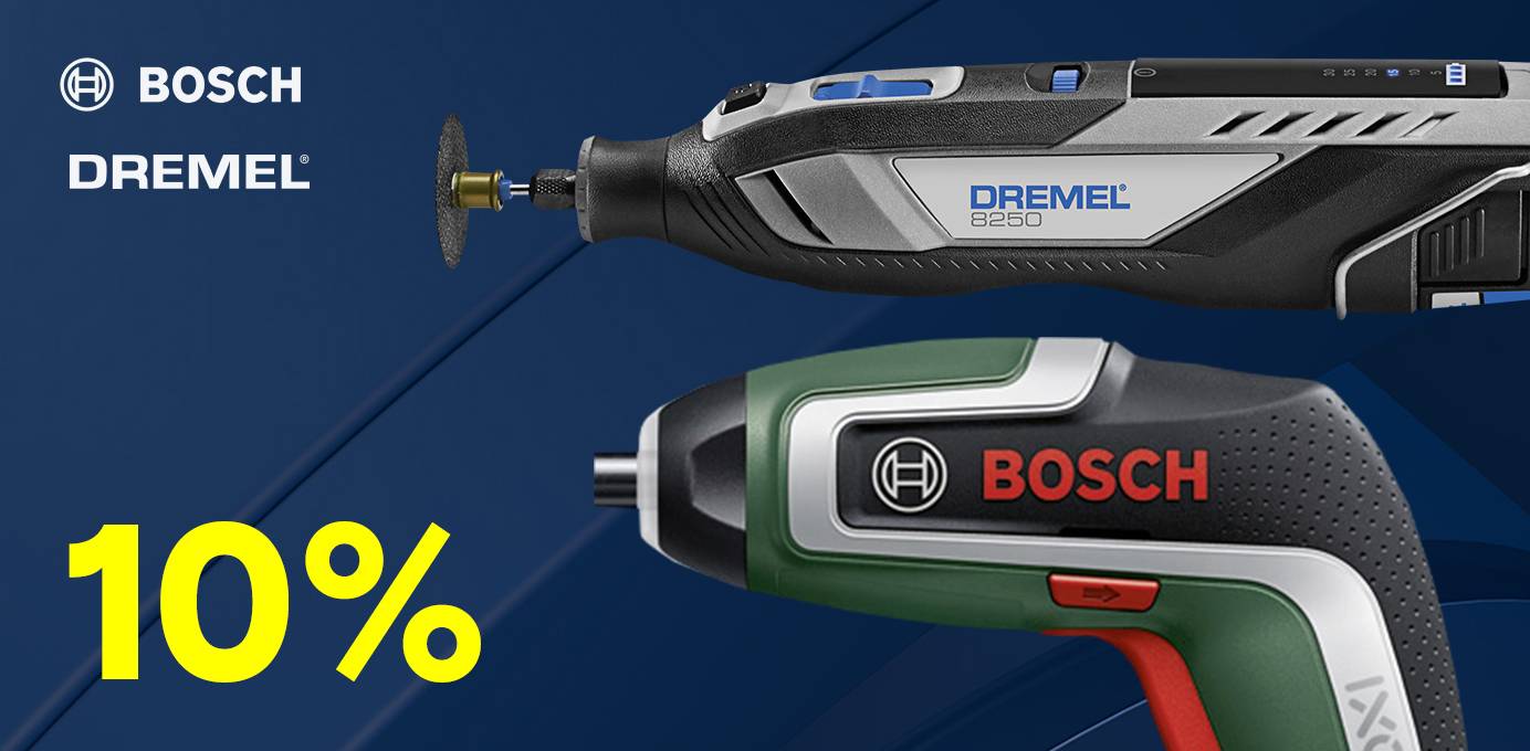 Werbebanner mit Bosch- und Dremel-Logo, einem Dremel-Multifunktionswerkzeug, einem Bosch-Akkuschrauber und dem Hinweis „10 %“.