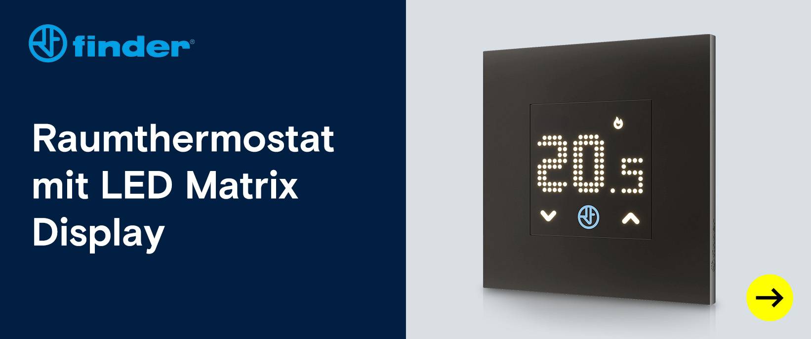 Finder Raumthermostat: Schwarzes Gerät mit LED-Matrix.