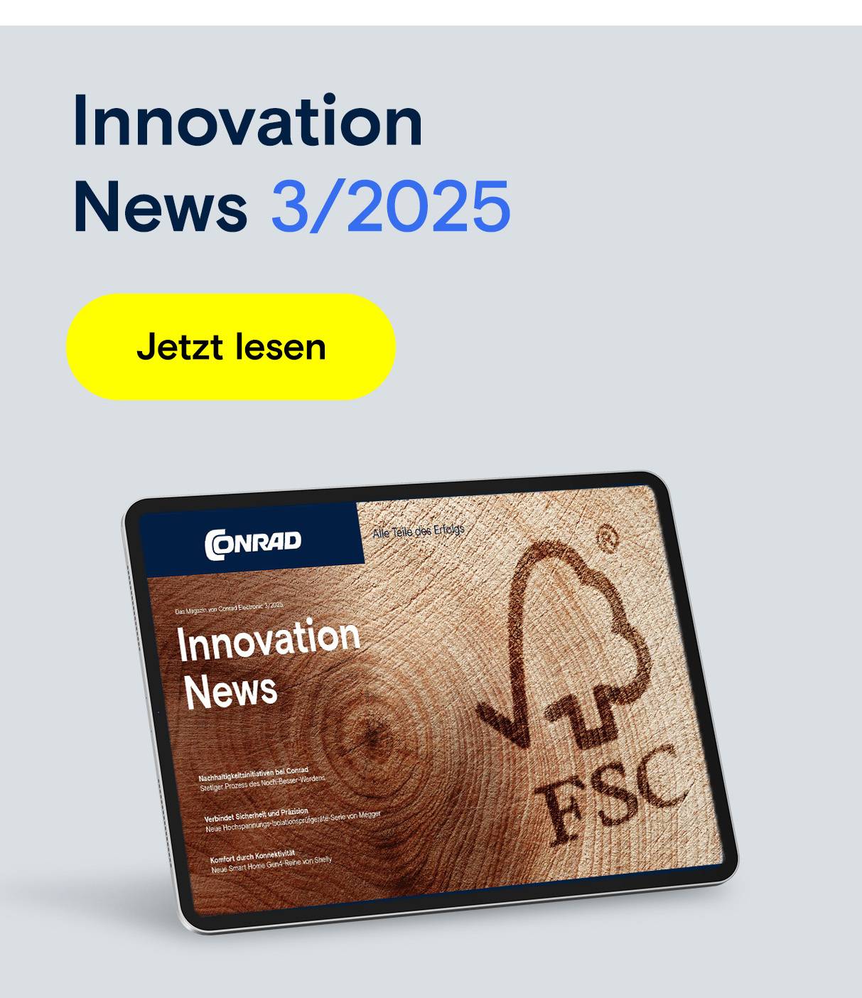 Monitor mit "Innovation News" und FSC-Logo. Text: "Innovation News 3/2025".