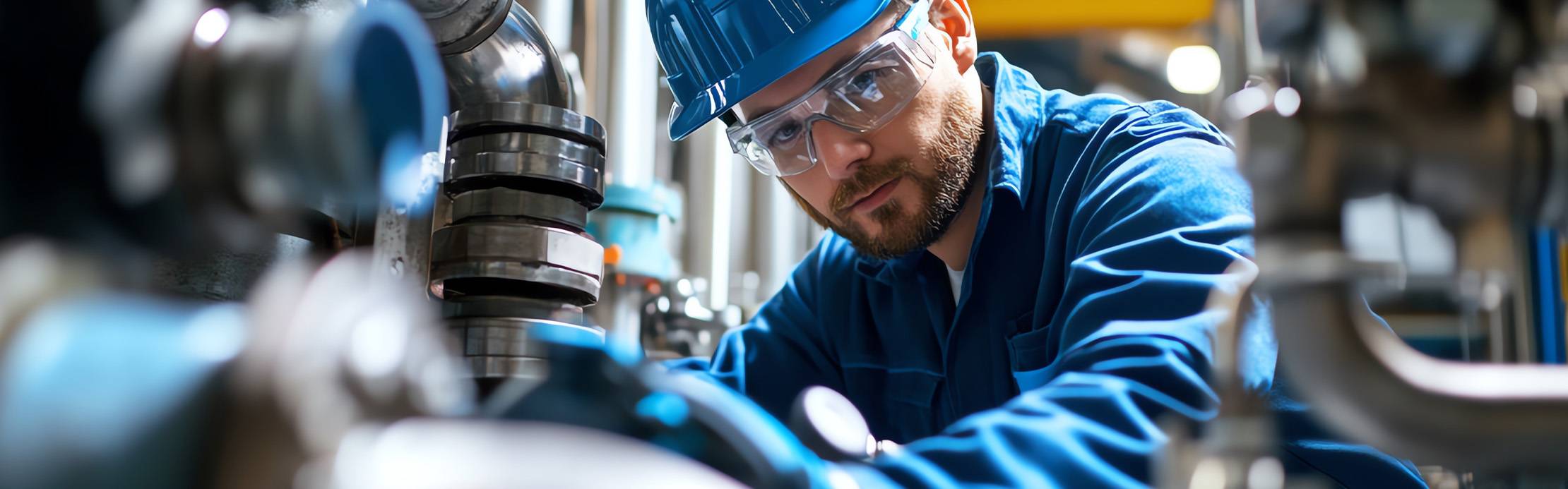 Nahaufnahme eines Technikers in blauer Arbeitskleidung, der in einer industriellen Anlage arbeitet. Er trägt einen blauen Schutzhelm sowie eine transparente Schutzbrille und blickt hochkonzentriert durch ein Gewirr aus massiven, glänzenden Metallrohren und Flanschen. Die Bauteile im Vordergrund sind stark unscharf, wodurch der optische Fokus direkt auf dem Gesicht des Arbeiters liegt.