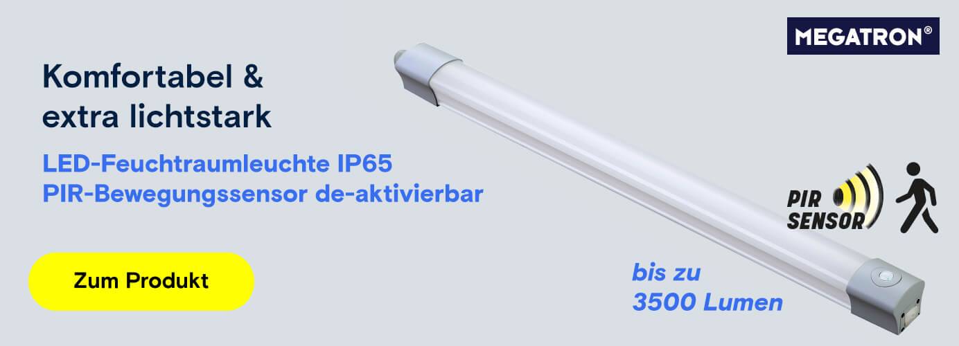 MEGATRON LED-Feuchtraumleuchte IP65 mit de-aktivierbarem PIR-Bewegungssensor und 3500 Lumen.
