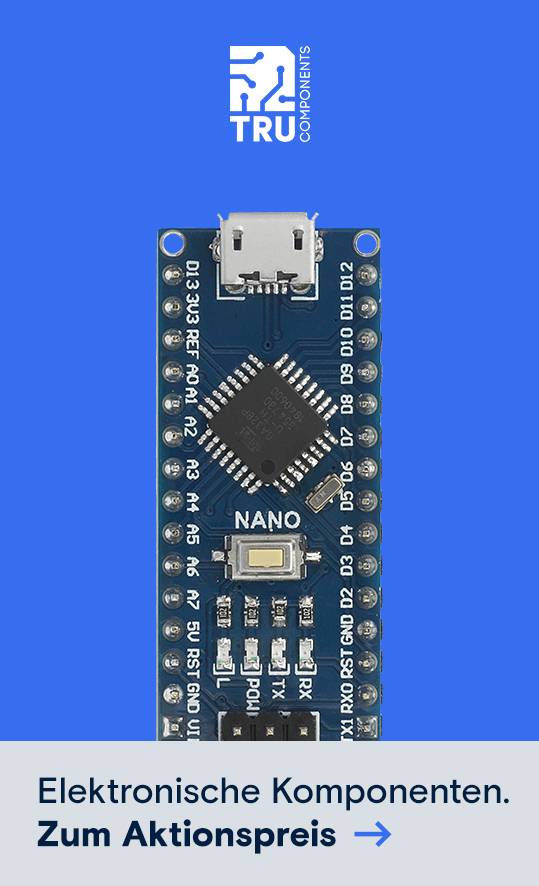TRU COMPONENTS-Elektrisches Entwicklungskit. Unten Slogan Elektronische Komponenten und Aktionspreis-Hinweis mit Pfeil.