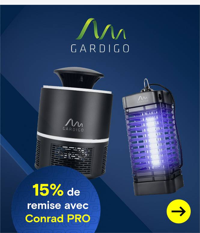 Image publicitaire Gardigo présentant un piège à insectes et un destructeur d'insectes UV, avec un bouton en forme de flèche jaune et la mention « 15 % de réduction avec Conrad PRO ».