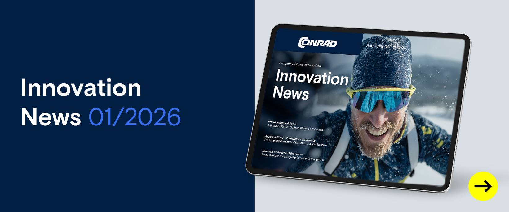 Tablet zeigt Innovation News 01/2026. Wintersport-Motiv.