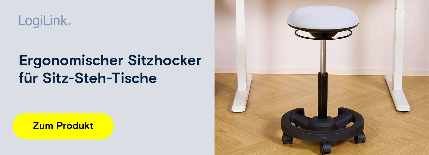 LogiLink ergonomischer Sitzhocker für Sitz-Steh-Tische mit weißer Sitzfläche und Rollen auf Holzboden.