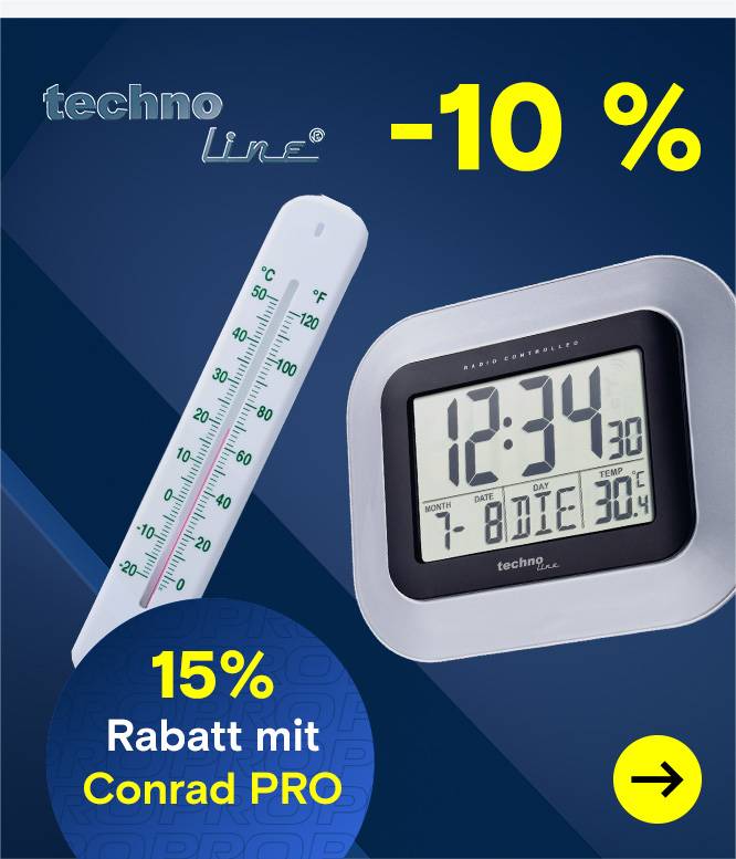 Techno-Line-Werbebanner mit analogem Thermometer und digitaler Funkuhr sowie 10 % Rabatt beziehungsweise 15 % Rabatt für Conrad-PRO-Kunden.