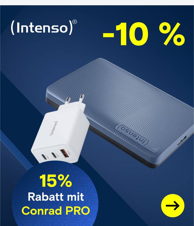 Intenso-Werbebanner mit einer Powerbank und einem Ladegerät sowie 10 % Rabatt beziehungsweise 15 % Rabatt für Conrad-PRO-Kunden.