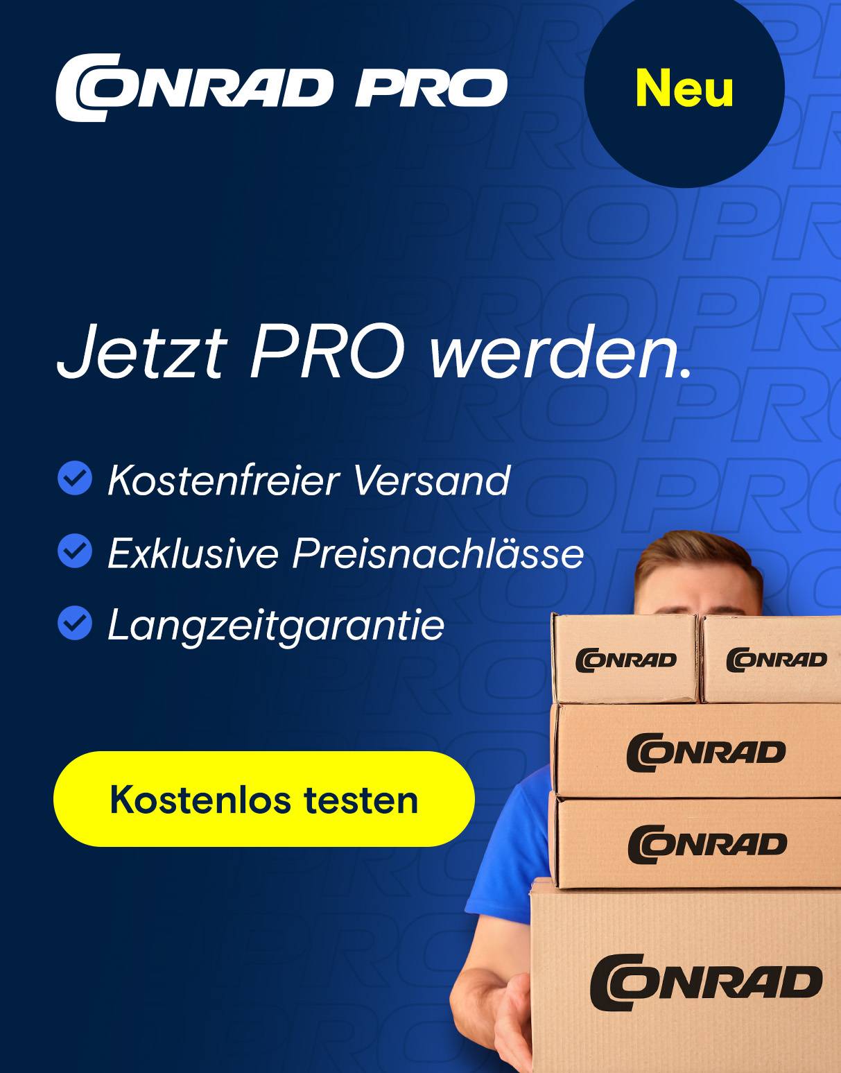 Conrad PRO: Mann trägt Stapel Pakete. Vorteile für Profis.