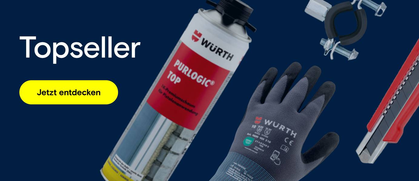  Dieses Teaserbild präsentiert den Titel "Topseller" in weißer Schrift auf der linken Seite, neben einem Würth PU-Schaum in einer rot-weißen Dose, einem grauen Handschuh, einer Rohrschelle und einem roten Teppichmesser, die alle auf einem dunkelblauen Hintergrund angeordnet sind.