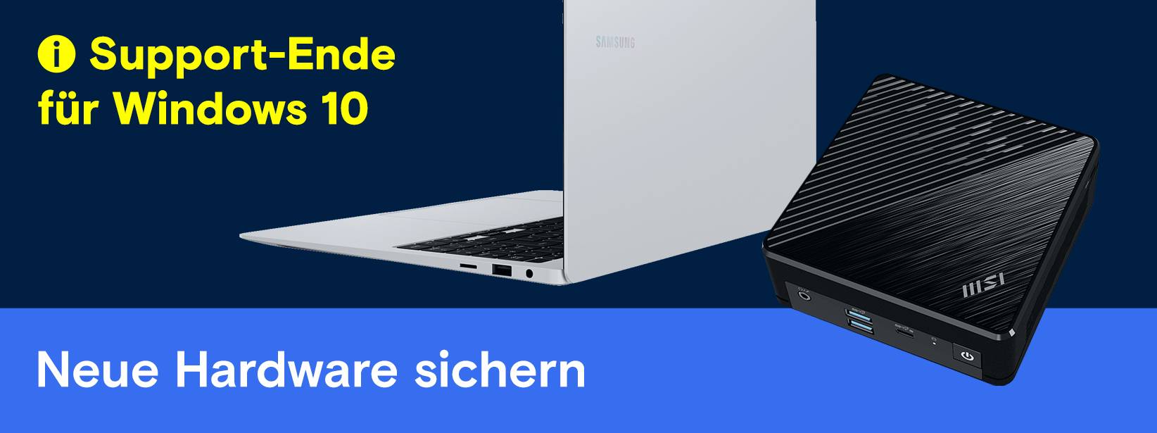 Weißer Laptop neben schwarzem Mini-PC auf blauem Hintergrund mit Text: "Support-Ende für Windows 10" und "Neue Hardware sichern".