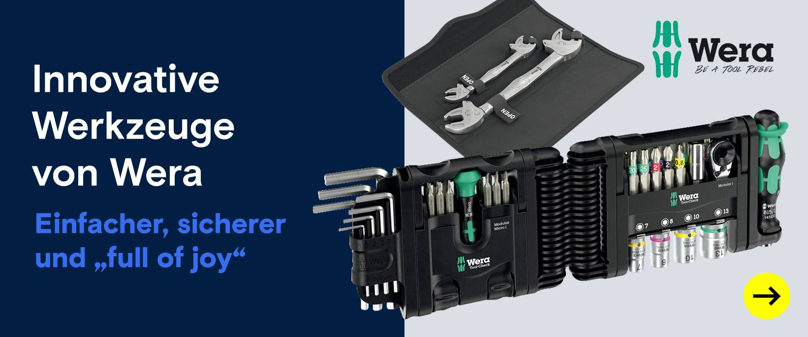 Innovative Wera Werkzeugsets: Bits, Ratschen und Schlüssel.