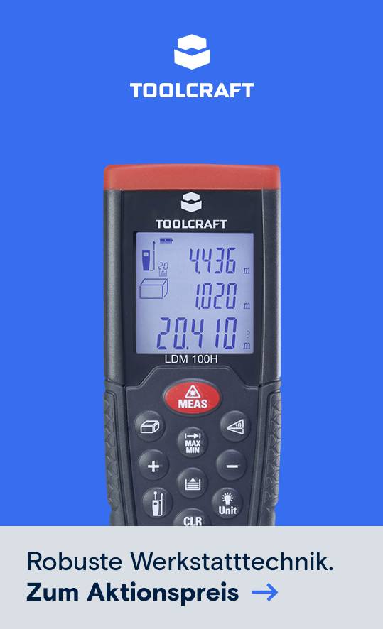 Toolcraft-Laserdistanzmessgerät. Unten Slogan Robuste Werkstatttechnik und Aktionspreis-Hinweis mit Pfeil.