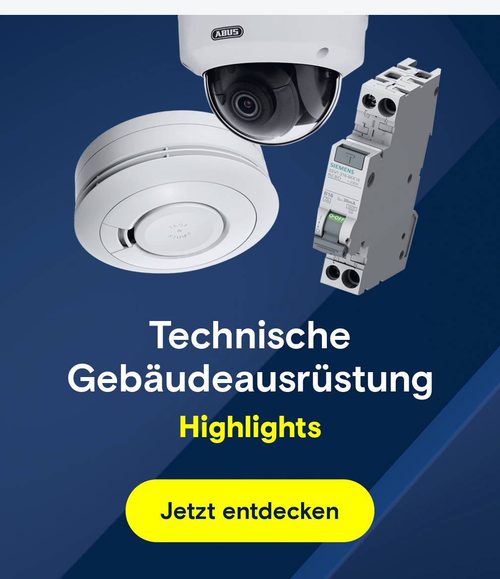 Gebäudetechnik: Kamera, Rauchmelder und FI-Schalter.