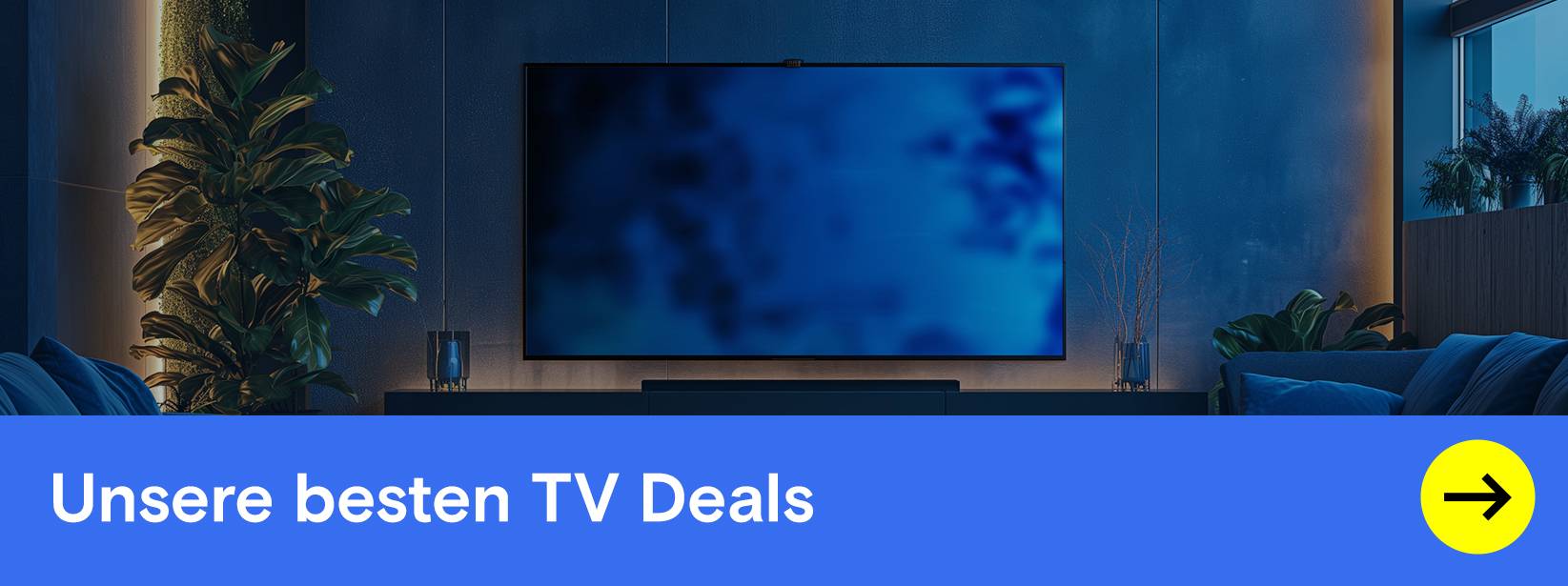 Ein großer Fernseher in einem dunklen Wohnzimmer. Text: "Unsere besten TV Deals".