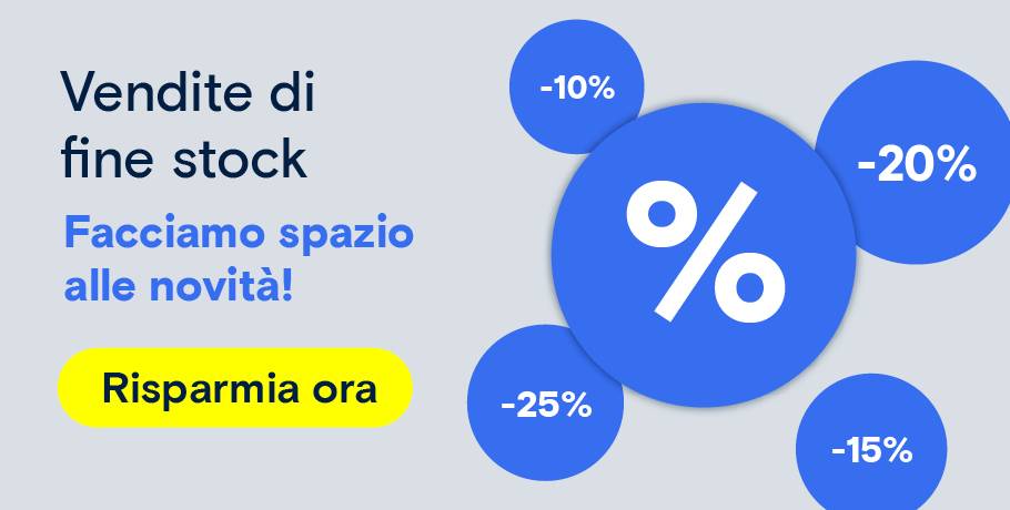 “Liquidazione delle scorte” con cerchi blu di percentuale e pulsante “Salva ora”. Inoltro a una selezione di prodotti in tema di liquidazione delle scorte