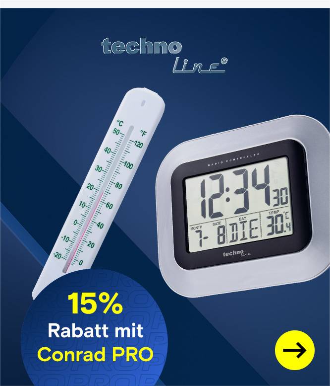 Techno line-Werbebild mit Thermometer, digitaler Funkuhr, gelbem Pfeil-Button und dem Hinweis „15 % Rabatt mit Conrad PRO“.