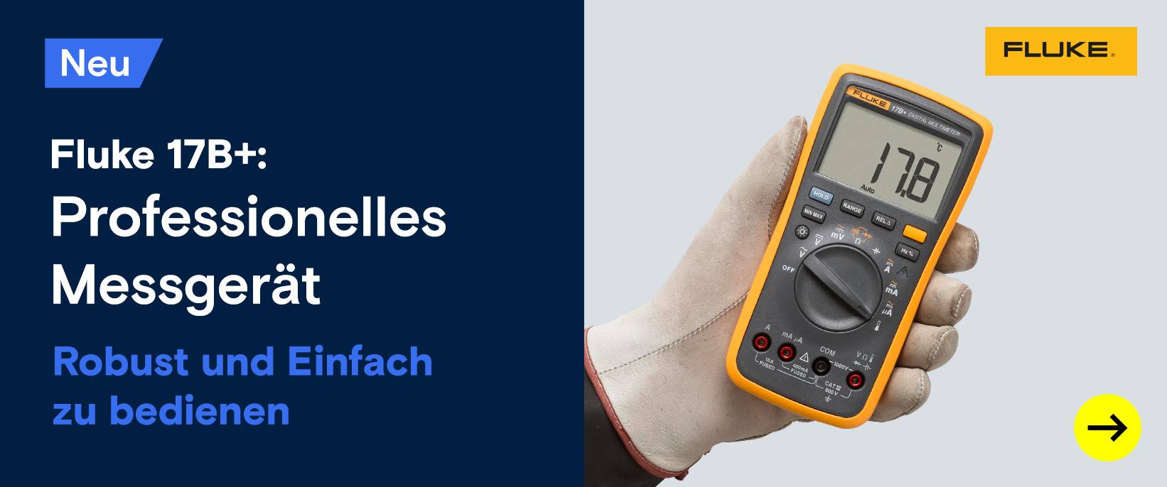 Hand mit Fluke Multimeter. Text: Professionelles Messgerät.