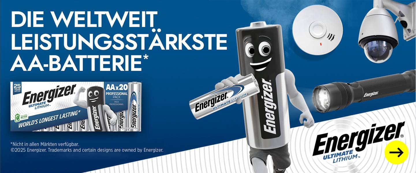 Energizer AA-Batterien, Taschenlampe & Kamera. Banner: Power.