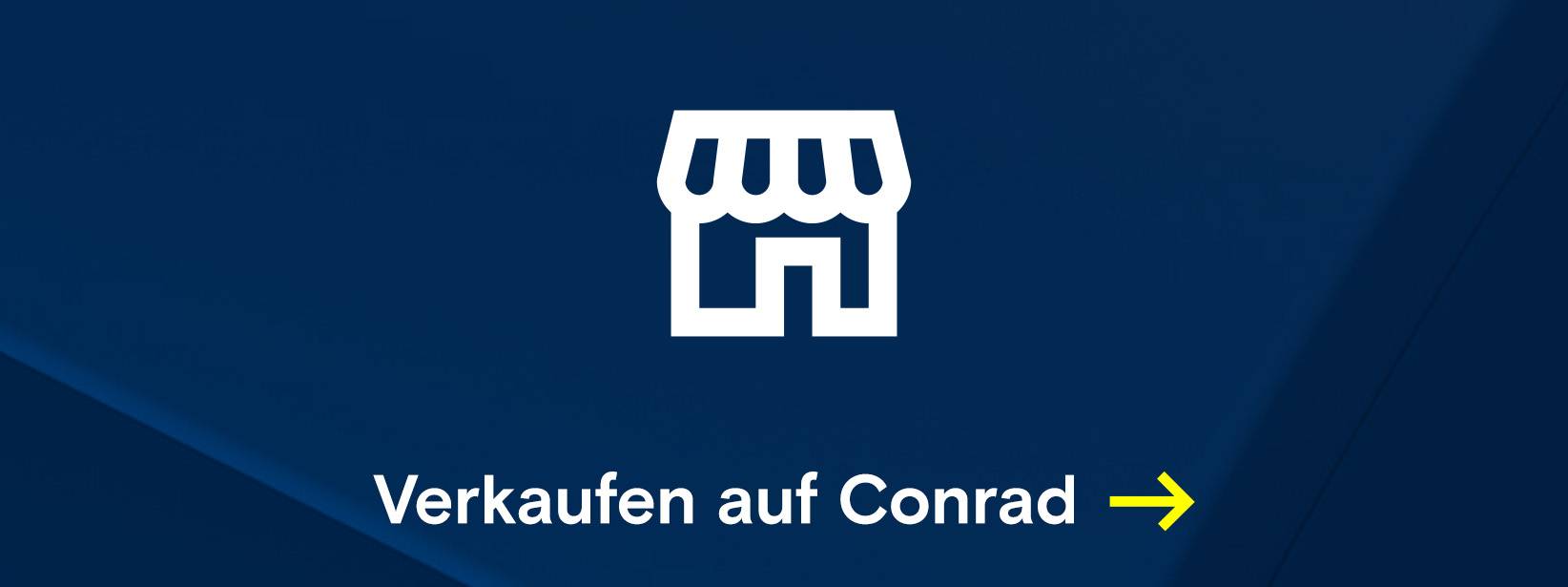 Dunkelblauer Teaser. Weißes stilisierte Gebäude- oder Laden-Symbol mit Markise. Helle blaue Formen an Rändern. Weiterleitung zu: Conrad B2B Sourcing Platform - mehr als nur Marktplatz