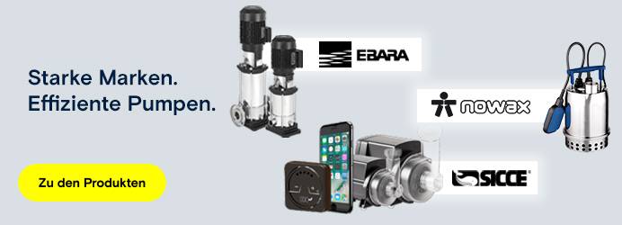  Ein horizontales Banner mit dem Text „Starke Marken. Effiziente Pumpen.“ auf der linken Seite vor einem hellgrauen Hintergrund. In der Mitte des Banners sind verschiedene Pumpen und elektronische Geräte abgebildet, darunter ein Smartphone und eine schwarze Steckdose. Auf der rechten Seite sind Logos von verschiedenen Marken wie „EBARA“, „nowax“ und „SICCE“ zu sehen. 