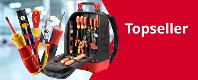 Werkzeugkoffer mit verschiedenen Wiha-Werkzeugen, "Topseller"-Sticker.