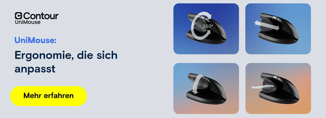 Die Contour UniMouse mit ergonomischer Anpassungsfähigkeit und verschiedenen Einstellmöglichkeiten wird präsentiert.