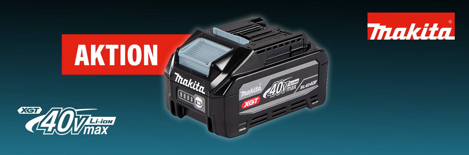 Makita: Ein 40V-Akkupack auf dunkelblauem Grund.