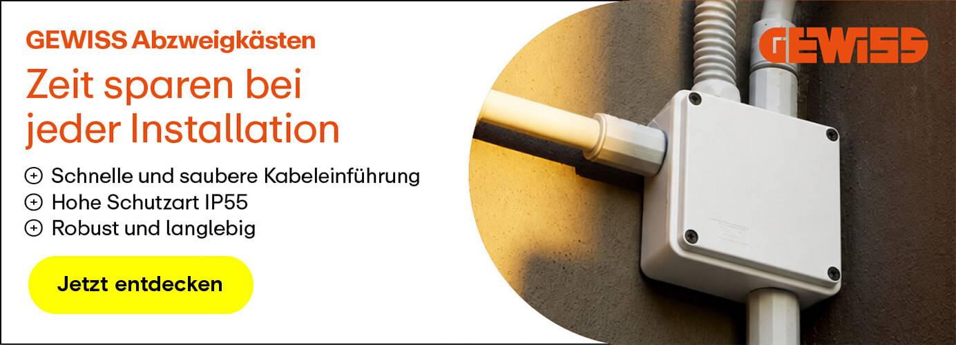 GEWISS Abzweigkasten an Wand, für schnelle, saubere Kabeleinführung, hohe Schutzart IP55.