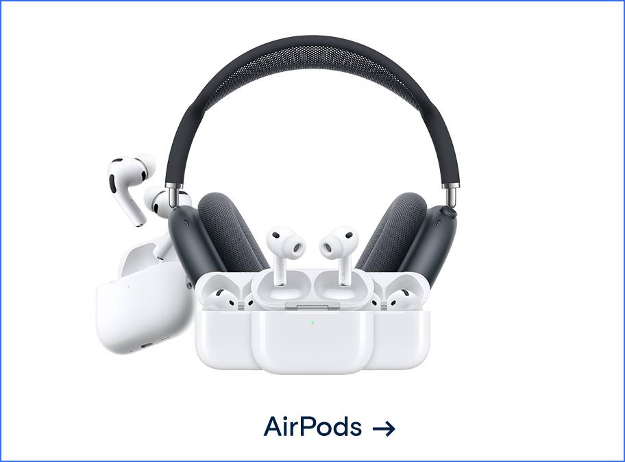 Gruppenbild der aktuellsten Apple AirPods Modelle. Weiterleitung zur Apple AirPods Seite