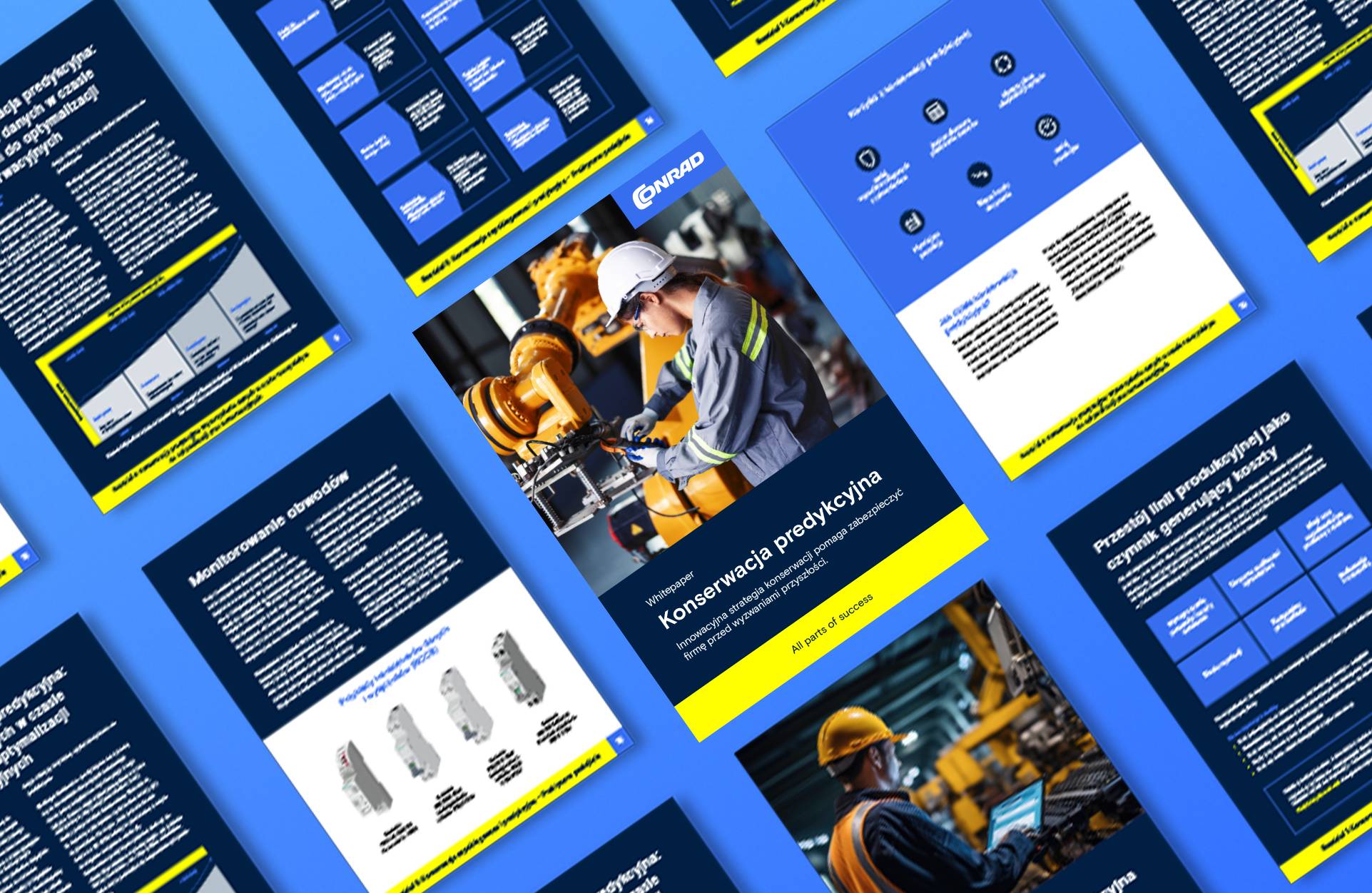 Kilka dokumentów na niebieskim tle na biurku. Tematy dokumentów to np. konserwacja i monitorowanie obwodów. Link prowadzi do pobrania białej księgi.
