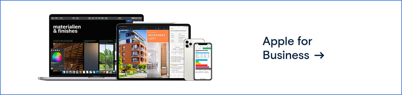 Gruppenbild eines Apple MacBook, iPad und iPhone. Weiterleitung zur Apple for Business Seite