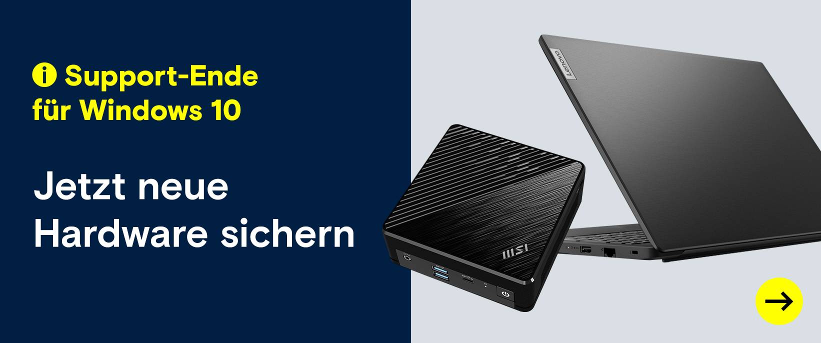 Mini-PC und Laptop. Text: "Support-Ende für Windows 10".