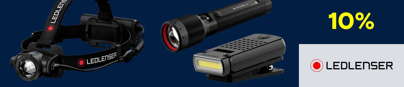 Taschenlampen mit "10%" Rabatt und dem Ledlenser Logo abgebildet.