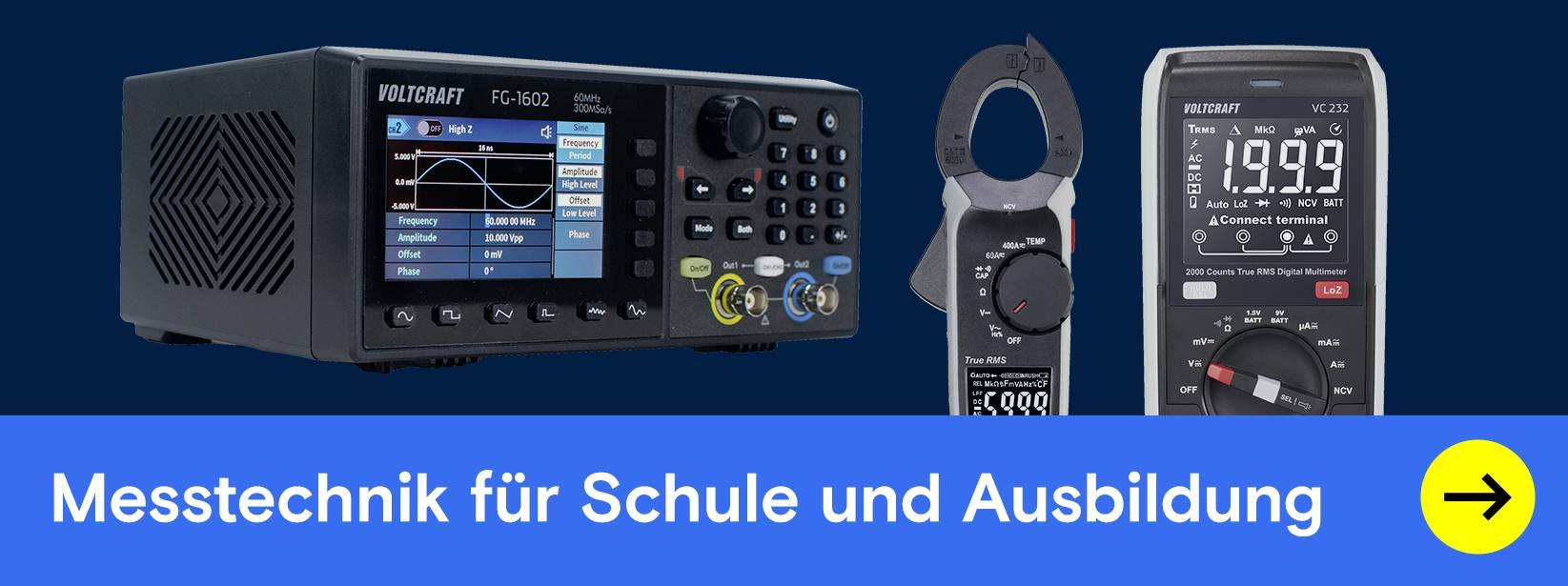 Voltcraft Messgeräte. Text: "Messtechnik für Schule und Ausbildung".