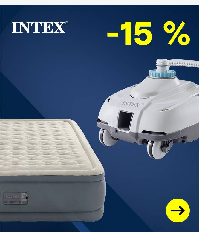 Intex-Werbebanner mit 15 % Rabatt auf ein Luftbett und einen automatischen Poolreiniger.