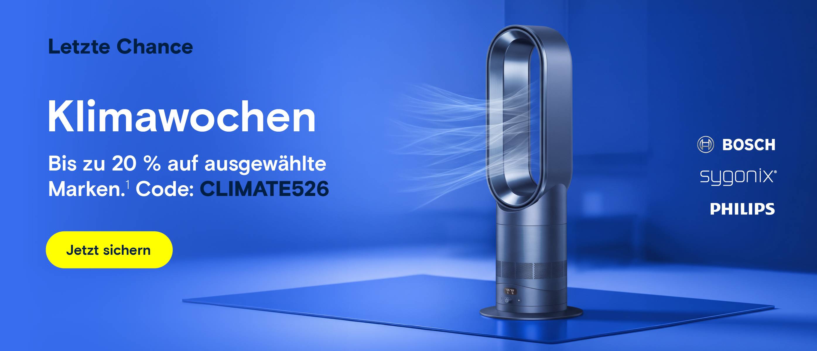 Klimawochen: Turmventilator und Rabatt-Code auf Blau.
