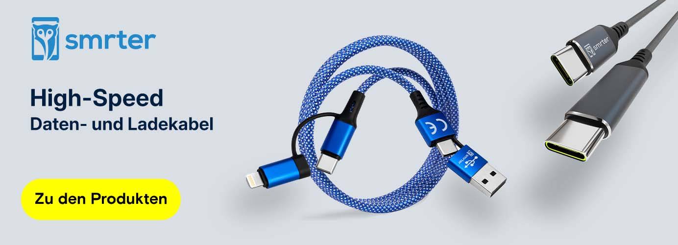 smrter High-Speed Daten- und Ladekabel: Blaues Multifunktionskabel und graues USB-C-Kabel.