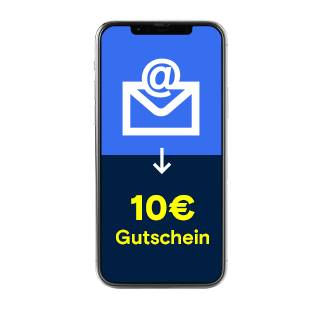 Smartphone-E-Mail-Symbol (@) mit Pfeil zu 10€-Gutschein.