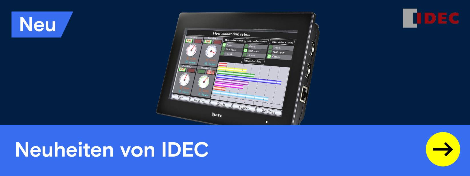 IDEC Touchpanel mit Prozessanzeige. Text: "Neuheiten von IDEC".