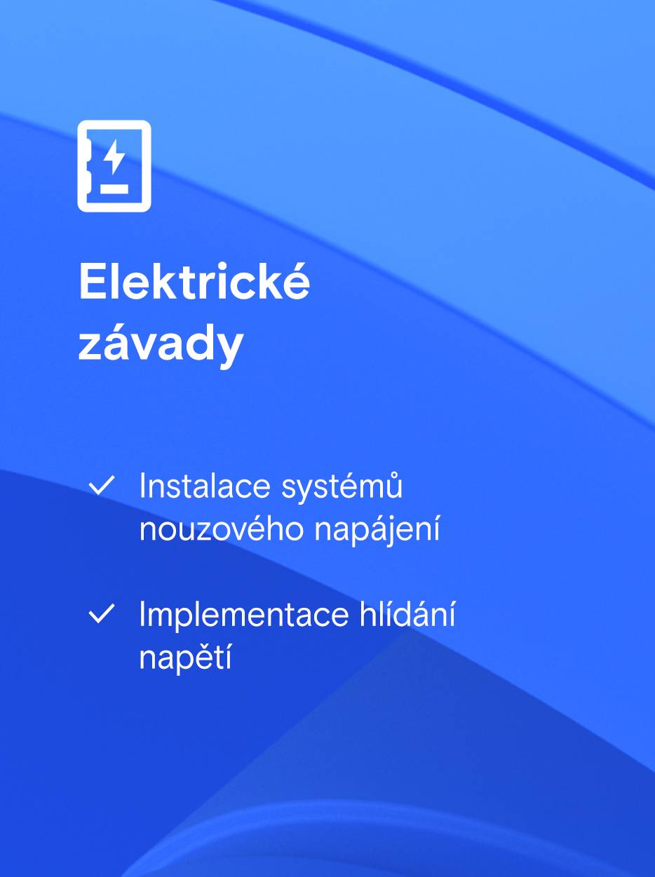 Tmavě modré pozadí se světlejším zaobleným obdélníkem obsahujícím text „Electrical faults“ a dvě tečky se zaškrtnutím: „Install emergency power systems“ a „Introduce voltage monitoring“.