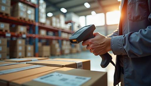 Ein Mann hält einen Barcode-Scanner in seinen Händen und befindet sich in einer Lager- oder Versandhalle. Der Hintergrund zeigt mit Kisten gestapelte Regale. Der Fokus liegt auf dem Mann und dem Scanner, was impliziert, dass er in die Bestandsverwaltung oder Logistikabläufe involviert ist.