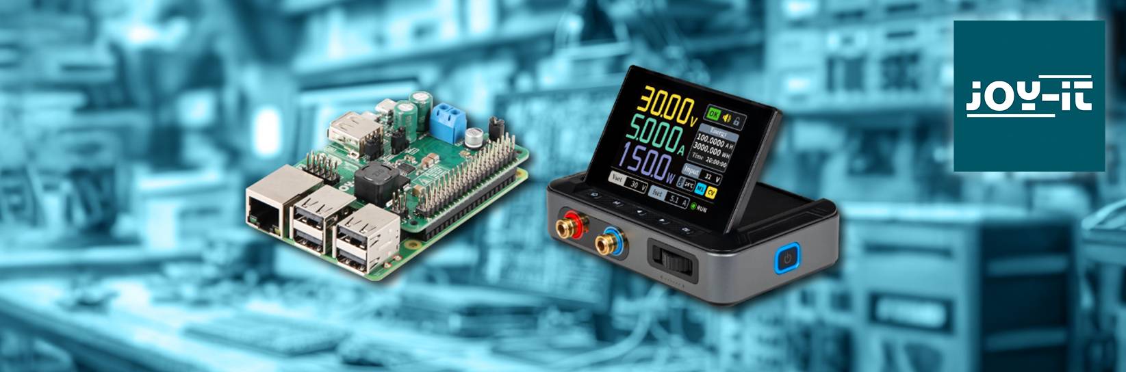 Joy-it Labornetzteil und Einplatinencomputer vor Werkstatt.