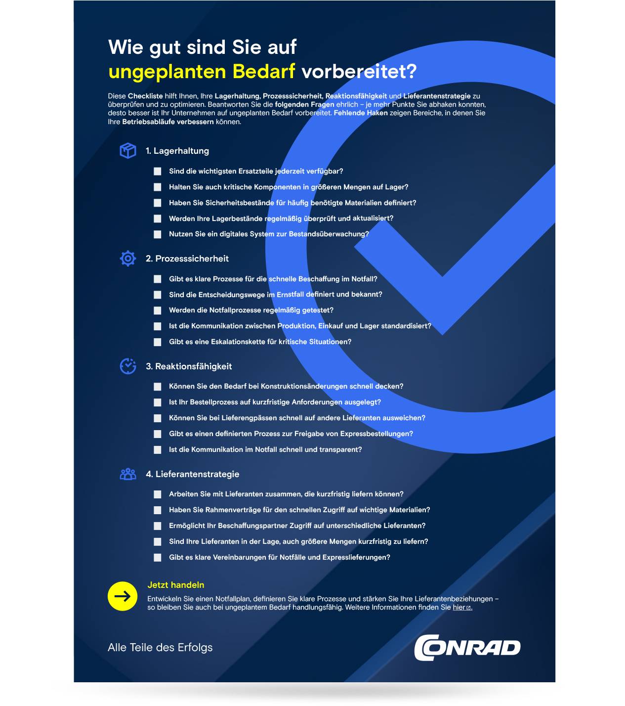 Checkliste zur Bedarfsplanung auf dunkelblauem Hintergrund, Liste mit Fragen zur Überprüfung und Optimierung von Lagerhaltung, Prozesssicherheit und Lieferantenstrategie, "Jetzt handeln" Button. Download Checkliste